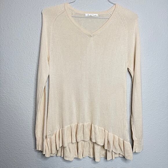 Claudia Nichole Luxury Silk/Cashmere Cream Ruffle Pullover Sweater Sz Med - Picture 4 of 12